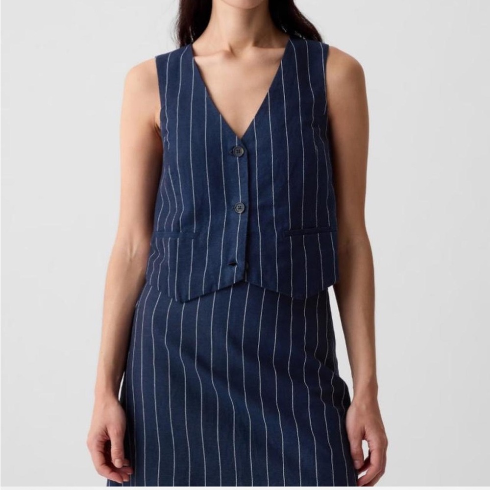 Gap Linen-Blend Vest Top, Navy and White Pinstripe, S